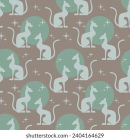 Two egyptian cats shape silhouette sitting. Soft color sun background. Vector illustration. Seamless pattern.