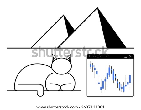 Two Egyptian pyramids, a cat, and a fluctuating stock market chart. Ideal for finance, travel, culture pets data analysis metaphors and creativity. Line metaphor. Line metaphor. Simple line icons