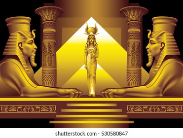 Two Egyptian sphinx and Queen on a black background