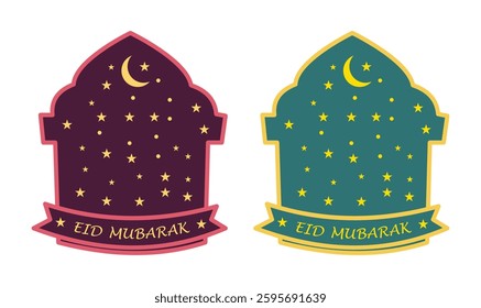 Two Eid Mubarak decorative labels, dark purple and teal green, for the Islamic celebration.