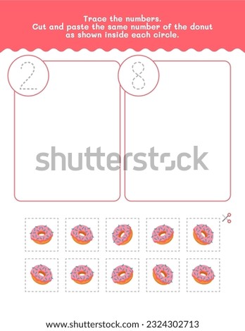 Two And Eight Counting And Tracing Number Worksheet. Cut And Paste Worksheet With Pictures. Premium Vector Element.
