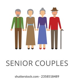 Two elderly couples isolated on white. Colored flat vector icon of people relationship. Family and senior people concept