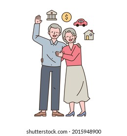 Two elderly couples are standing with happy expressions and there are asset icons around them. outline simple vector illustration.