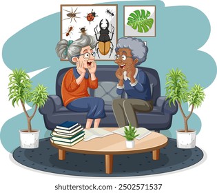 Two elderly friends chatting on a sofa