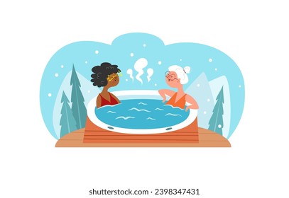 Two elderly friends relaxing in a spa in winter. Winter vector illustration.