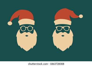 two elderly heads with beards and wearing glasses and wearing red hats. Christmas Day