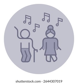 Two elderly individuals engaged in lively dance while enjoying music at social gathering. Joy of elderly life concept