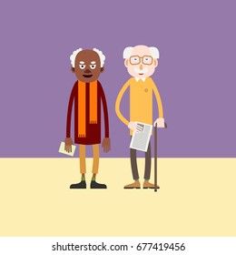 Two elderly man - african-american and white european person stand with papers in hands / Cartoon characters pensioner / Flat style vector 