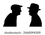 Two elderly men facing each others side view portrait silhouette. Two senior men talking face to face side view profile silhouettes.	