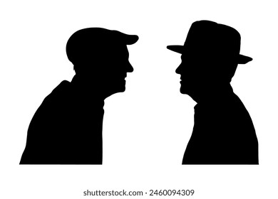 Two elderly men facing each others side view portrait silhouette. Two senior men talking face to face side view profile silhouettes.	