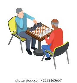 Two elderly men playing chess isometric vector illustration