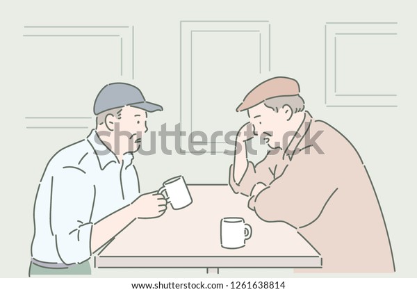 2人の年配の男性が向かい合って座り お茶を飲む 手描きのスタイルのベクター画像デザインイラスト のベクター画像素材 ロイヤリティフリー