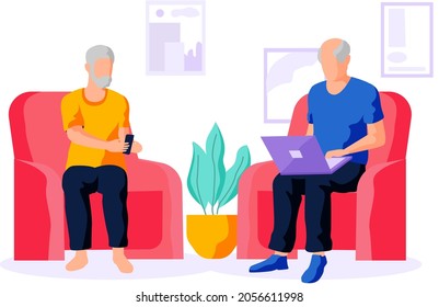 Two elderly men sitting at home with digital gadgets, old people working on laptop computer and smartphone. Online education, web courses, modern technologies and old age concept for retired people