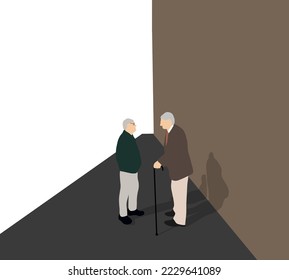 Two elderly men talking to each other on city street. Human relationships concept. Spend Holiday Together.