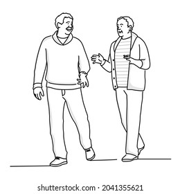 Two Elderly Men Walk Talking. Hand Drawn Vector Illustration. Black And White.