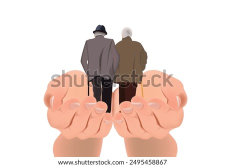 Two elderly men walking away protected by large hands