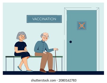 two elderly people awaiting vaccination at clinic. Adult immunization, covid vaccine. Flat illustration