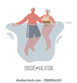 Two elderly people in bathing suits floating in the water together happy faces, vacation together, relaxation, tranquility. Older people on vacation at sea.Vector flat illustration.