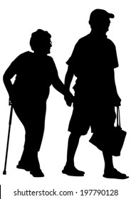 Two elderly people with cane one white background