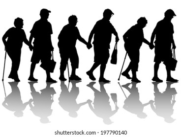 Two elderly people with cane one white background