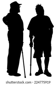 Two elderly people with cane one white background