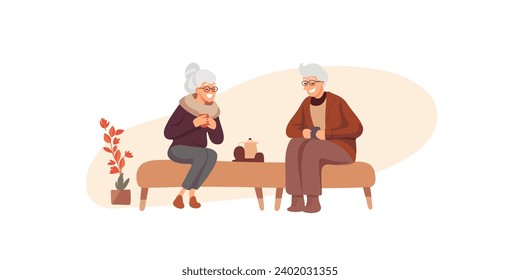 Dos ancianos bebiendo té o café, ilustraciones vectoriales	
