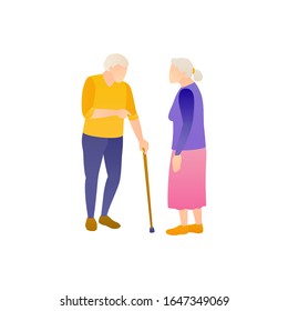 Two elderly people in full height, vector flat illustration. An elderly man and a woman discuss the social problems of pensioners. Grizzled or Gray grandparents on white, isolated background