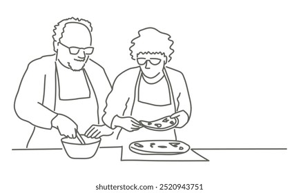 Dois idosos estão fazendo pizza juntos. Um deles está usando avental. O homem está cortando a pizza enquanto a mulher está segurando uma fatia. Ilustração de vetor desenhada à mão. Preto e branco.