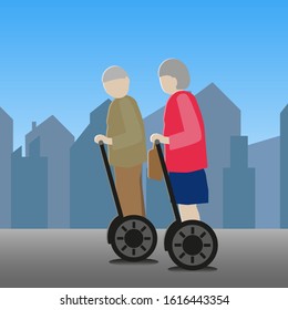 Two elderly people on a tour. Vector Illustration. transporation.