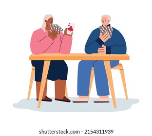 Two Elderly People Playing Cards, Vector Flat Illustration On A White Background. Old Friends Sit Together At Table And Play Cards. Grandma And Grandpa Are Playing Cards