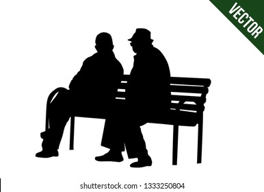 Siluetas de dos ancianos sentados en un banco de un parque de fondo blanco, ilustración vectorial