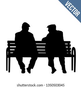 Two elderly people silhouettes sitting on a park bench on white background, vector illustration 
