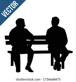 Two elderly people silhouettes sitting on a park bench on white background, vector illustration