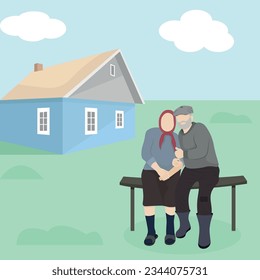 Two elderly people sit on a bench against the background of a village house, flat vector, minimalism, grandparents