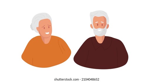 Two elderly people. Smiling elderly woman and man with gray hair. Senior couple. Good old people. Colored flat cartoon vector illustration isolated.