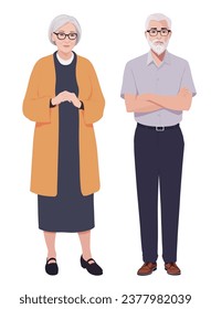 Two elderly people standing full length isolated white background old man woman with glasses.