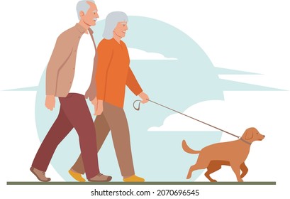 Two elderly people take a walk in the park on a clear day with their dog. A joyful elderly couple on a walk with their pet. Stock vector illustration