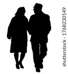 Two elderly people are walking along street. Isolated silhouettes on white background