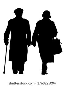 Two elderly people are walking along street. Isolated silhouettes on white background