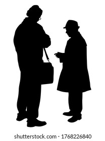 Two elderly people are walking along street. Isolated silhouettes on white background