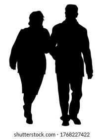 Two elderly people are walking along street. Isolated silhouettes on white background