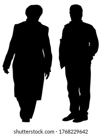 Zwei ältere Leute gehen die Straße entlang. Isolierte Silhouetten auf weißem Hintergrund