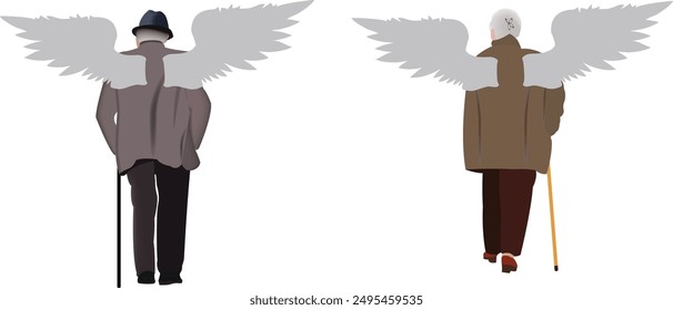 Two elderly people are walking away with angel wings on their backs