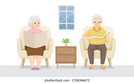 Dos Ancianos Sentados En Sofa, Leyendo Libro Y Periódico, Permanecer En Casa, Estar A Salvo, Aislamiento Propio, Protegerse De La Enfermedad De Coronavirus, Clvid-19, Estilo De Vida, Salud