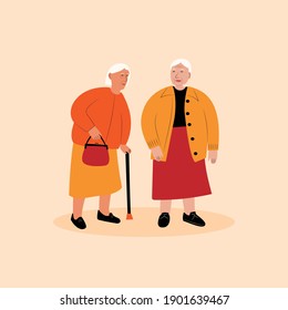 Two elderly standing women. Grandmothers with with gray hair. Flat colorful vector illustration