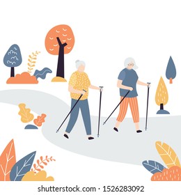 Two elderly woman making nordic walking. Scandinavian walking in park. Sport active female seniors. Trendy style vector illustration