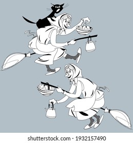 Two elderly women and a cat, a kettle and a basket of eggs flying on broom. Scandinavian Easter tradition. Coloring page. Vector illustration