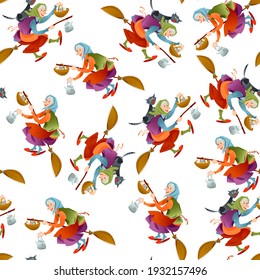 Two elderly women and a cat, a kettle and a basket of eggs flying on broom. Scandinavian Easter tradition. Coloring page. Seamless background pattern. Vector illustration