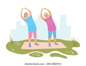 Two elderly women doing side bends warm-up outdoors in park. Flat vector illustration for senior fitness, gentle exercise.