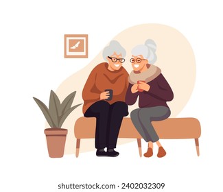 Dos amigas ancianas bebiendo té o café, charlando en un café, ilustración vectorial